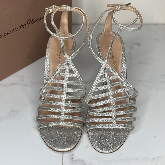 Gianvito Rossi VEGA Bright Silver Glitter Caged High Heel Sandals 100mm - Picture 4 of 13